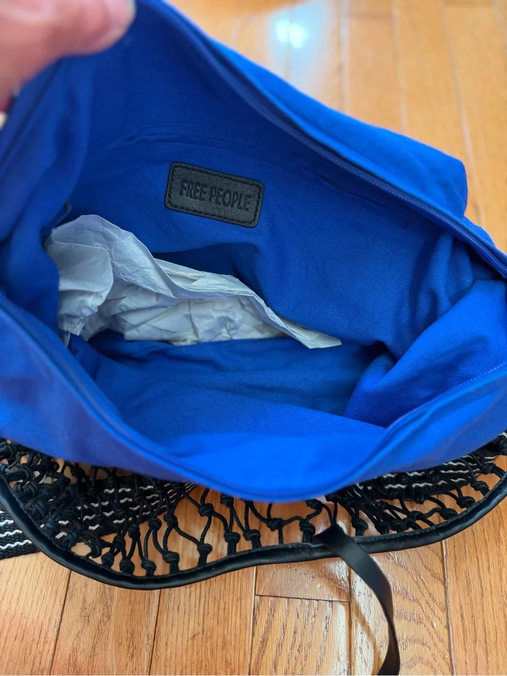 NWT new free people silver springs sling bag black netting netted blue